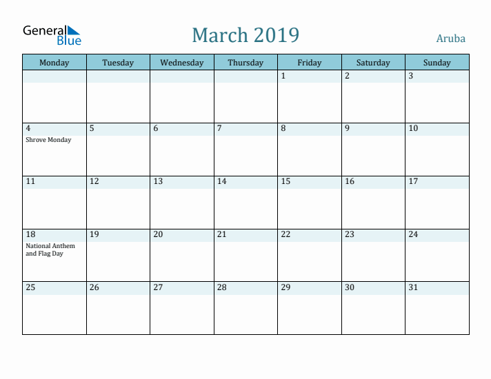 March 2019 Calendar with Holidays