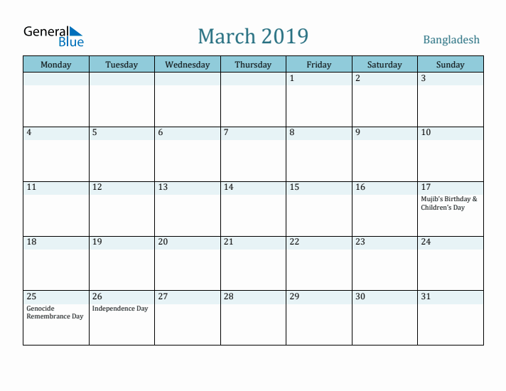 March 2019 Calendar with Holidays