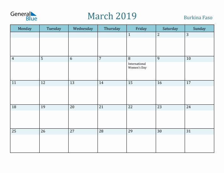 March 2019 Calendar with Holidays