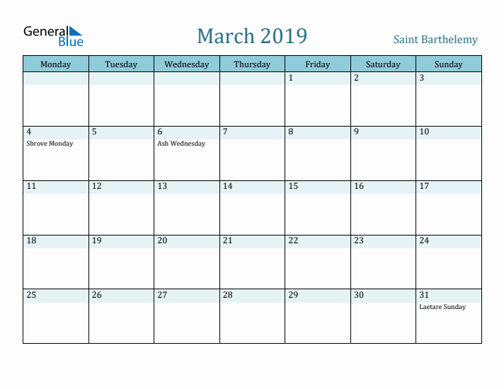 March 2019 Calendar with Holidays