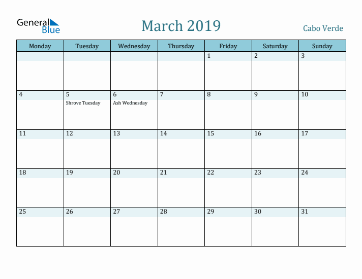 March 2019 Calendar with Holidays