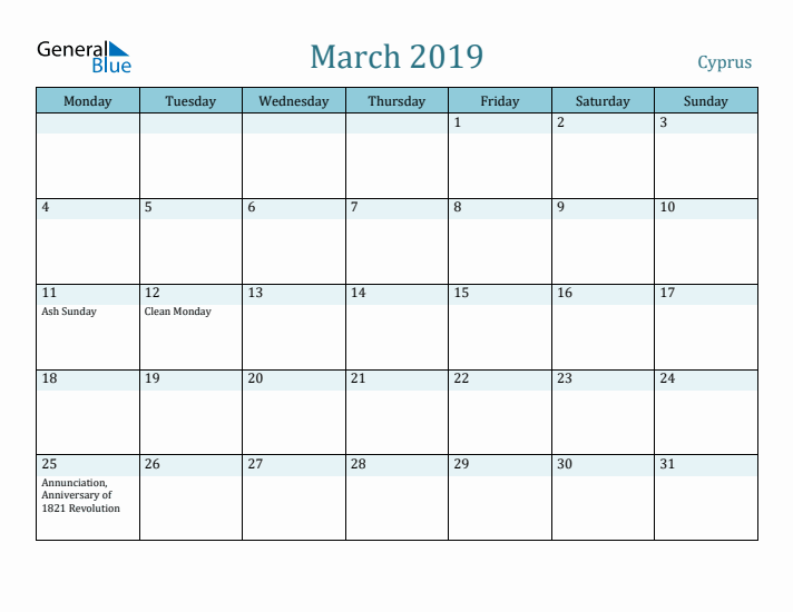 March 2019 Calendar with Holidays