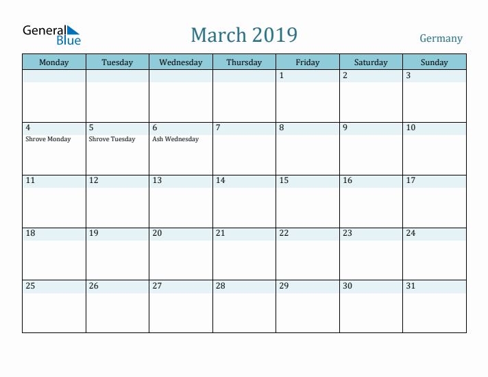 March 2019 Calendar with Holidays