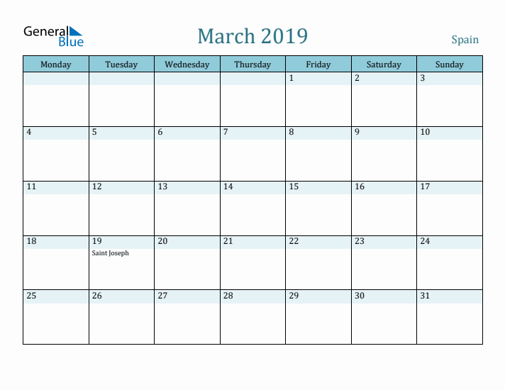 March 2019 Calendar with Holidays