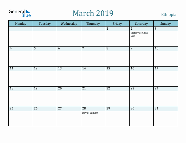 March 2019 Calendar with Holidays