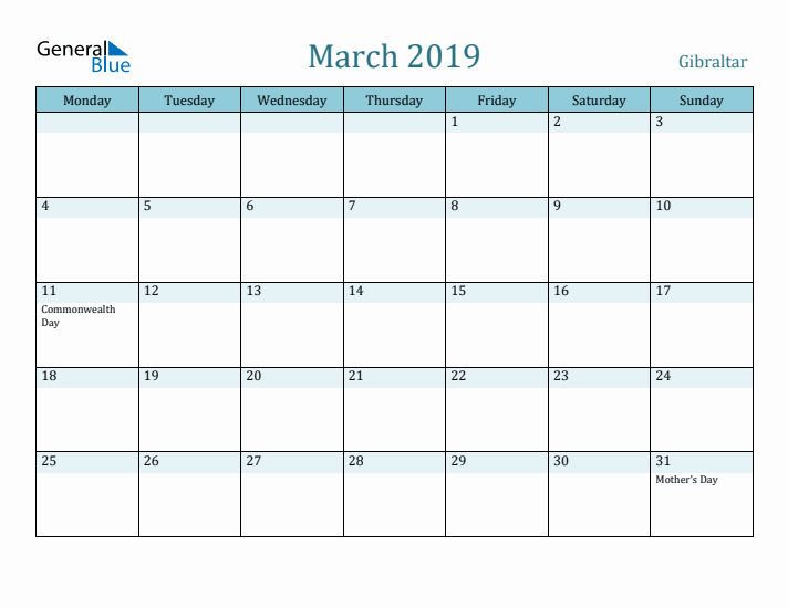 March 2019 Calendar with Holidays