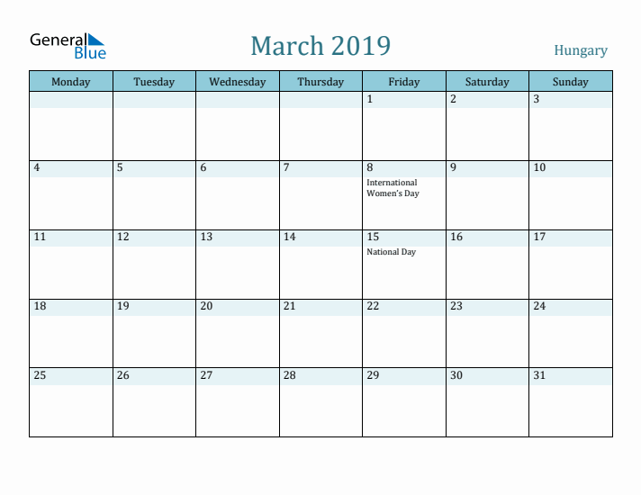 March 2019 Calendar with Holidays