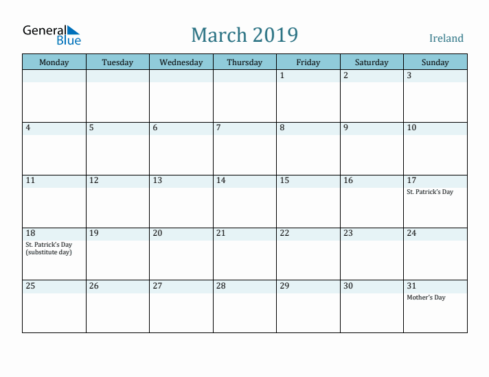 March 2019 Calendar with Holidays