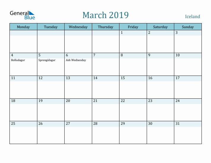 March 2019 Calendar with Holidays