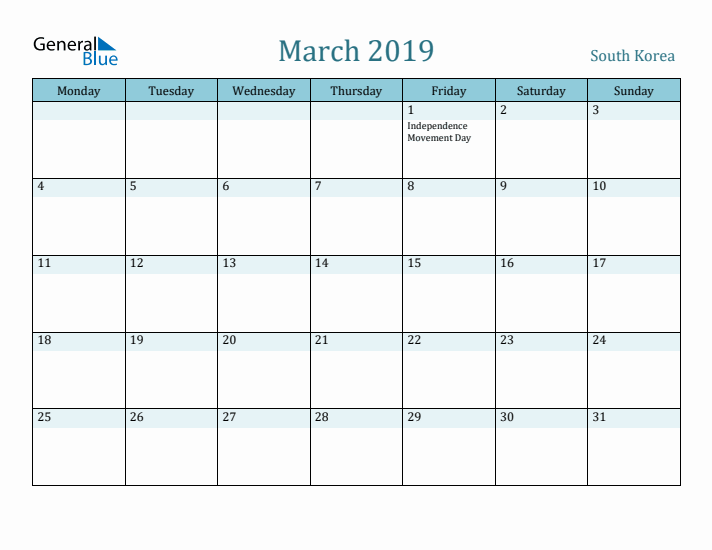 March 2019 Calendar with Holidays