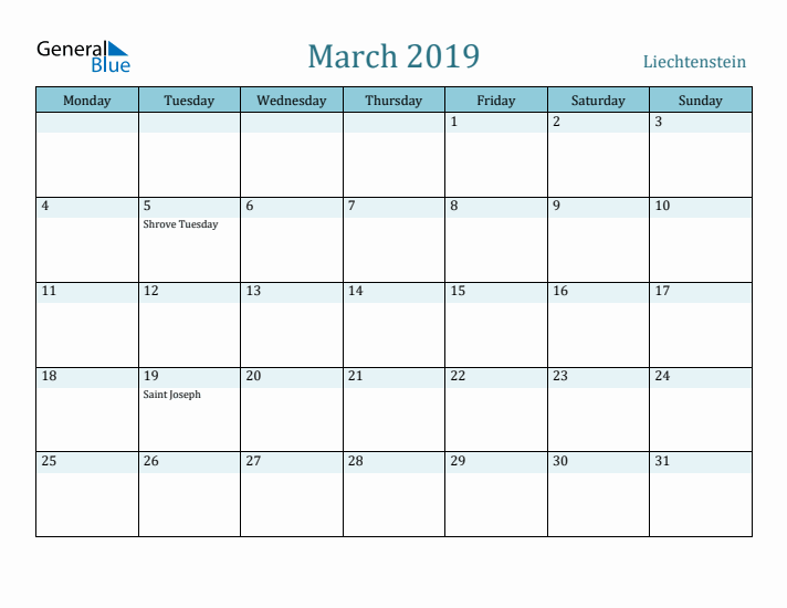 March 2019 Calendar with Holidays