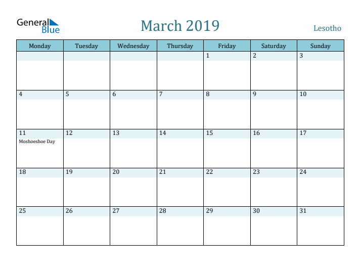 March 2019 Calendar with Holidays