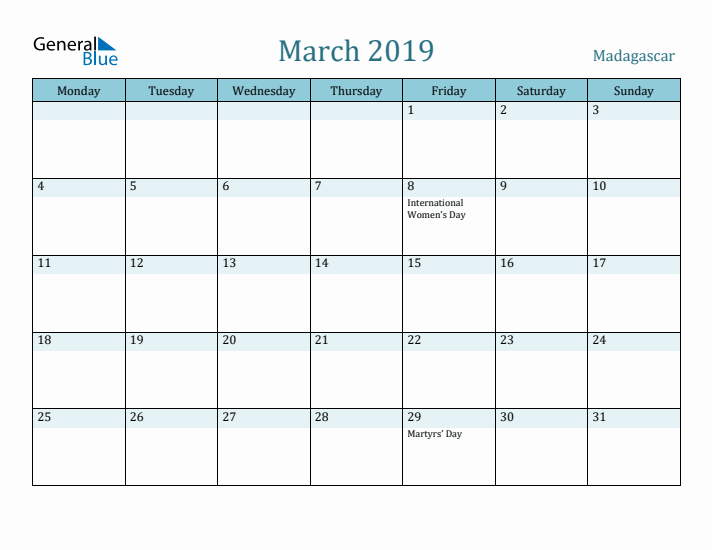 March 2019 Calendar with Holidays