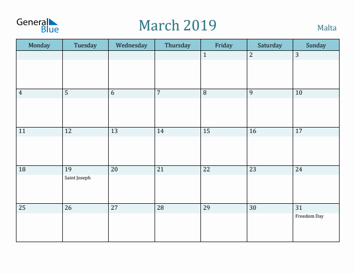 March 2019 Calendar with Holidays