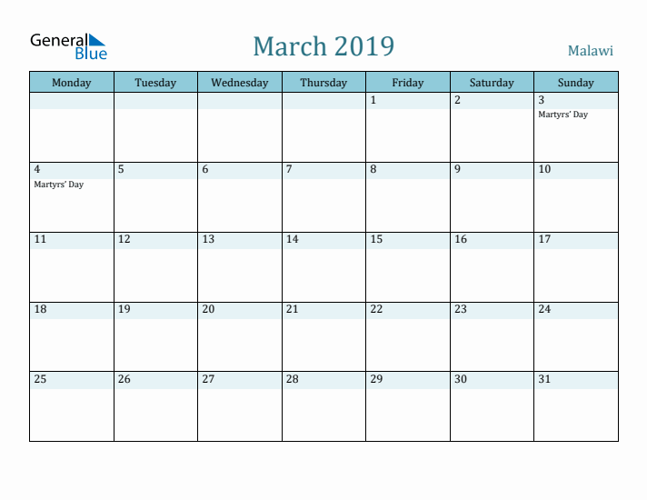 March 2019 Calendar with Holidays