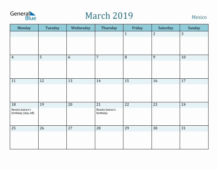 March 2019 Calendar with Holidays