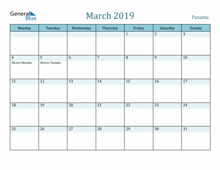 March 2019 Calendar with Holidays