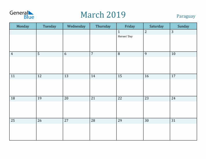 March 2019 Calendar with Holidays