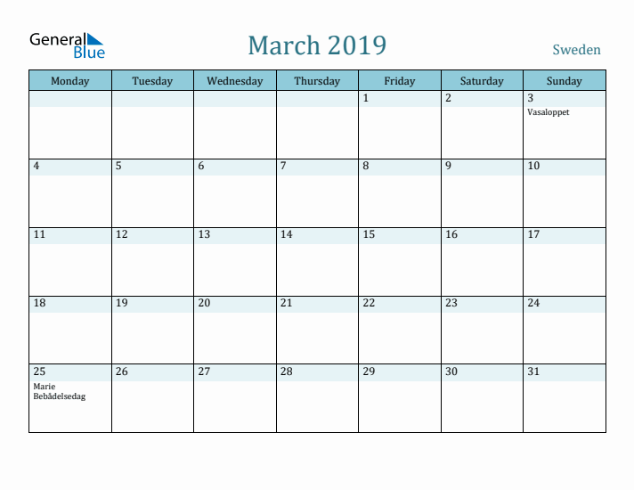 March 2019 Calendar with Holidays