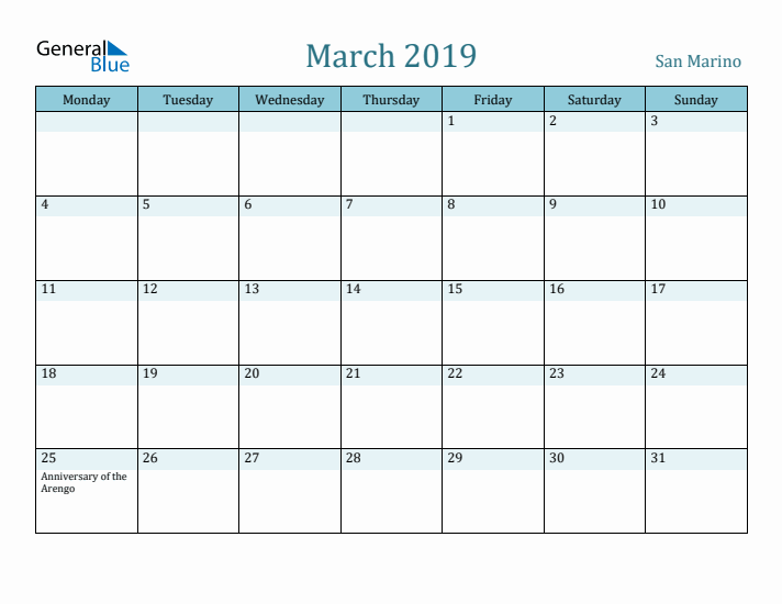 March 2019 Calendar with Holidays