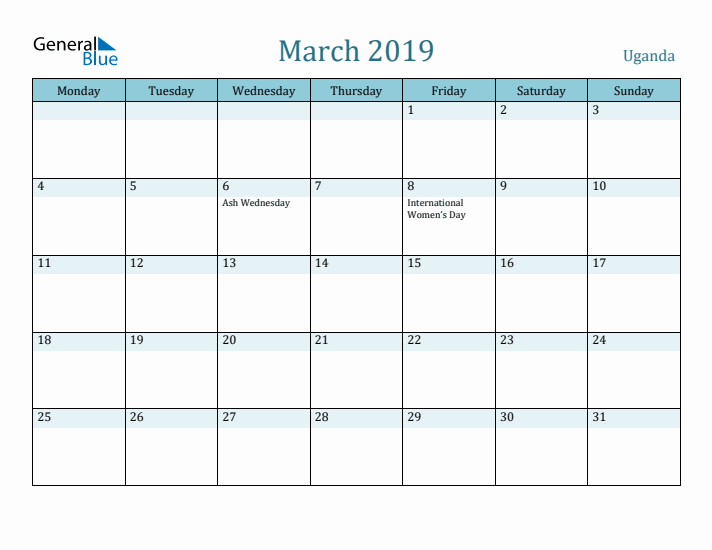 March 2019 Calendar with Holidays