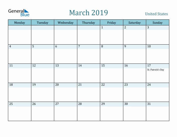 March 2019 Calendar with Holidays