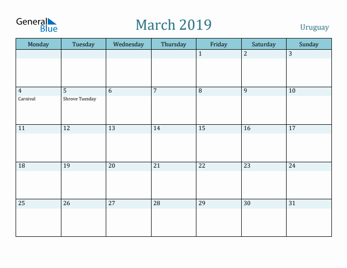 March 2019 Calendar with Holidays