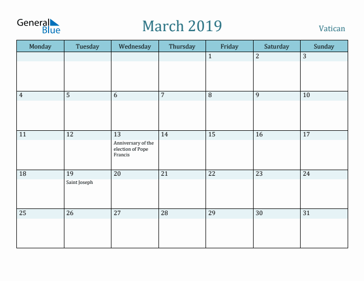 March 2019 Calendar with Holidays