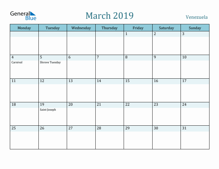 March 2019 Calendar with Holidays