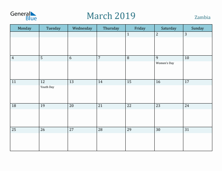 March 2019 Calendar with Holidays