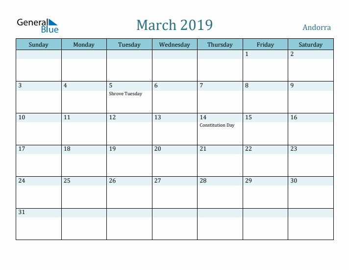 March 2019 Calendar with Holidays