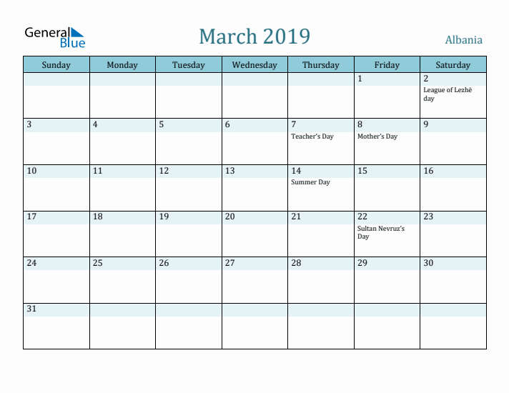 March 2019 Calendar with Holidays