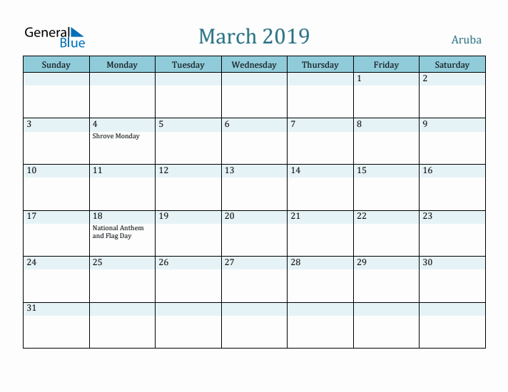 March 2019 Calendar with Holidays