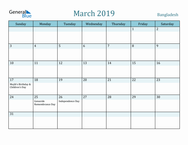 March 2019 Calendar with Holidays