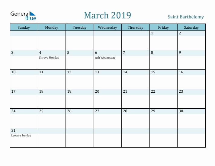 March 2019 Calendar with Holidays