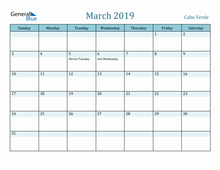 March 2019 Calendar with Holidays