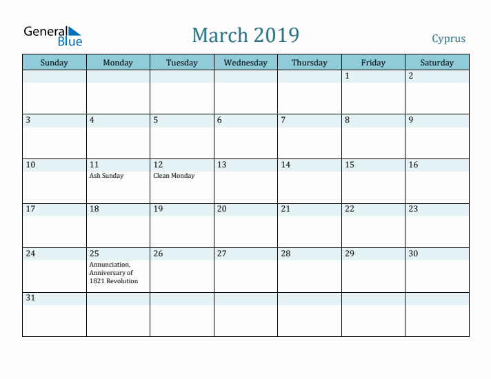 March 2019 Calendar with Holidays