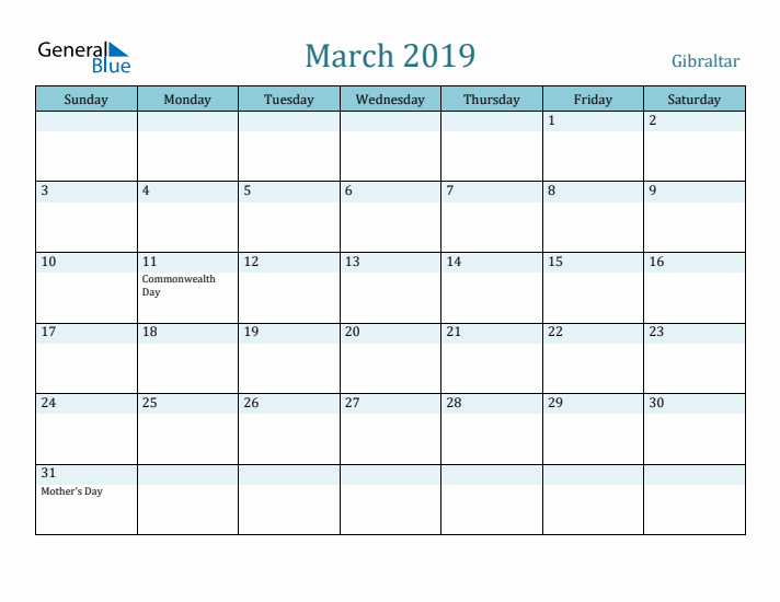 March 2019 Calendar with Holidays