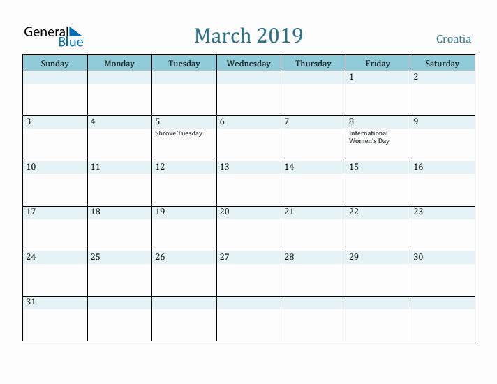 March 2019 Calendar with Holidays