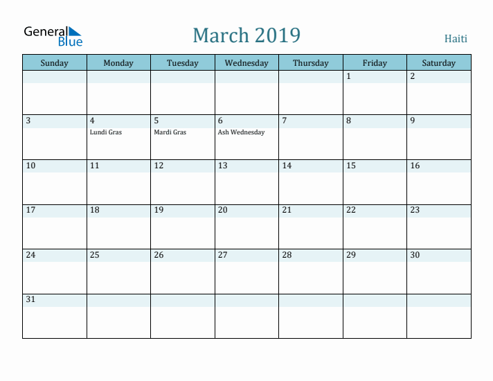 March 2019 Calendar with Holidays