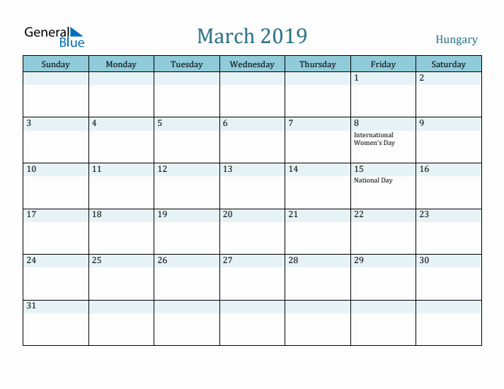 March 2019 Calendar with Holidays