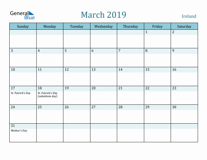 March 2019 Calendar with Holidays