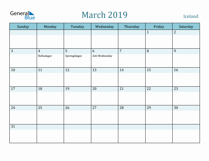 March 2019 Calendar with Holidays