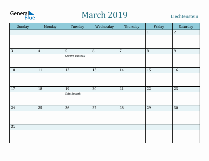 March 2019 Calendar with Holidays