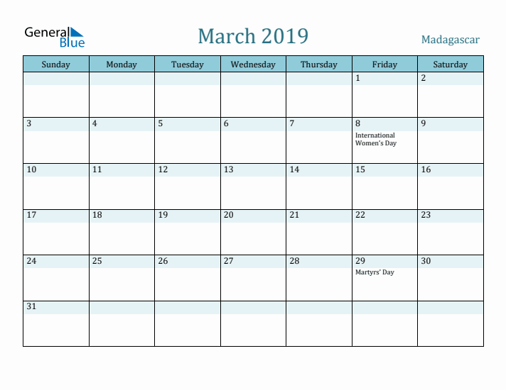 March 2019 Calendar with Holidays