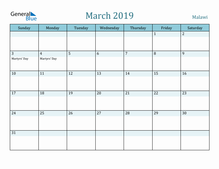 March 2019 Calendar with Holidays