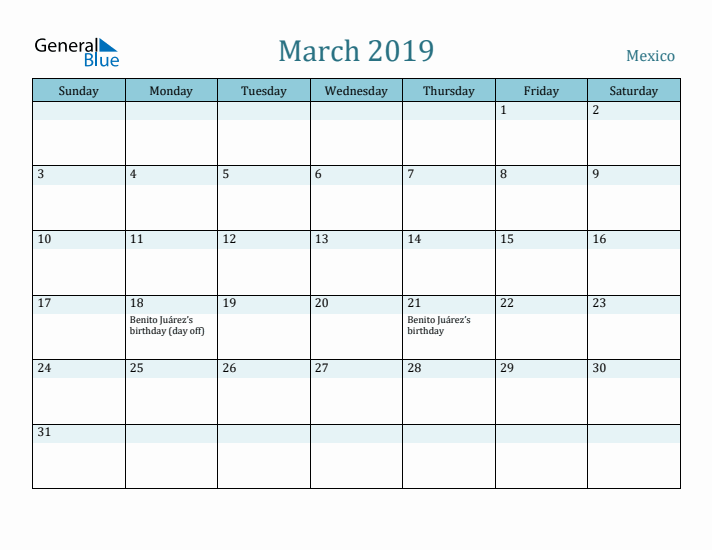 March 2019 Calendar with Holidays