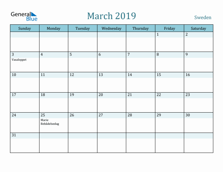 March 2019 Calendar with Holidays