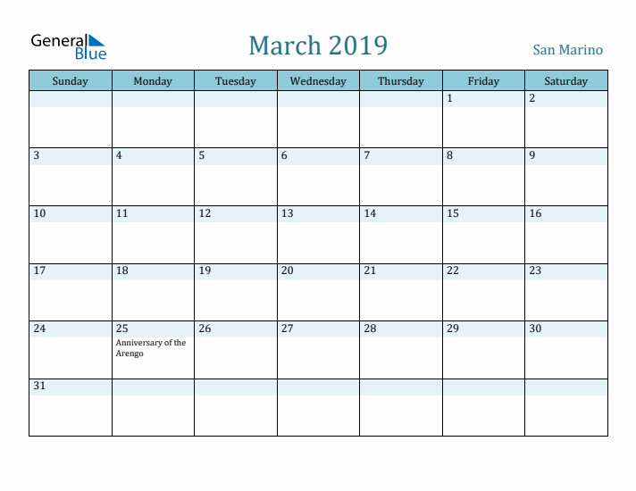 March 2019 Calendar with Holidays