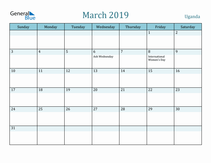 March 2019 Calendar with Holidays